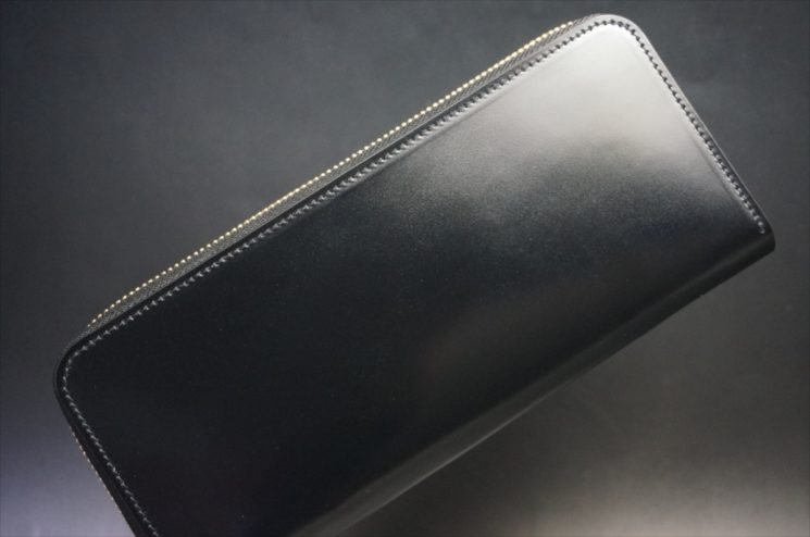 新喜皮革社製オイルコードバンのブラックカラーのラウンドファスナー長財布（ゴールド色）-1-1