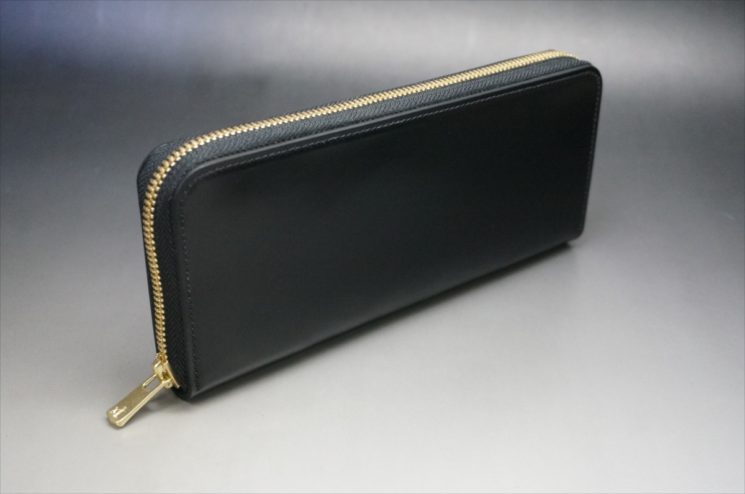 新喜皮革社製オイルコードバンのブラックカラーのラウンドファスナー長財布（ゴールド色）-1-2