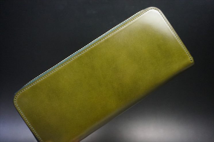 新喜皮革社製オイルコードバンのグリーンを使用したラウンドファスナー長財布(ゴールド色）-1