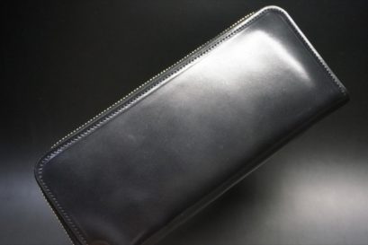 ロカド社製オイルコードバンのブラック色のラウンドファスナー長財布（ゴールド色）-1-1
