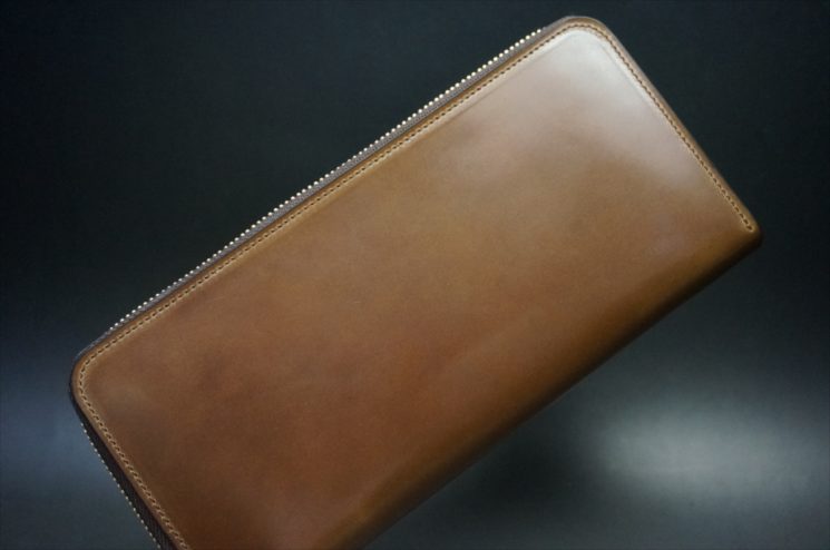 ロカド社製オイルコードバンのブラウン色のラウンドファスナー長財布（ゴールド色）-1-1