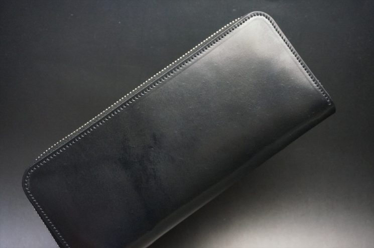 ホーウィン社製シェルコードバンのブラック色のラウンドファスナー長財布（シルバー色）-1-1