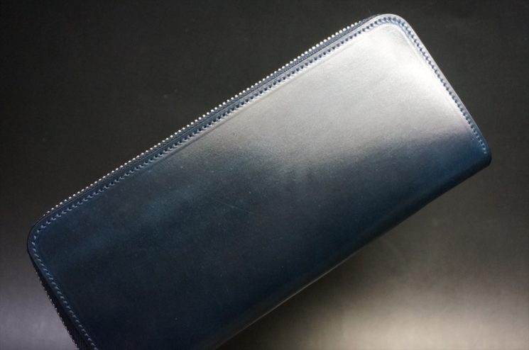 ホーウィン社製シェルコードバンのネイビー色のラウンドファスナー長財布（シルバー色）-1-1