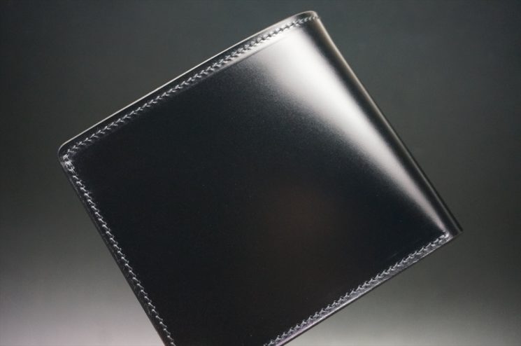 レーデルオガワ社製染料仕上げコードバンのブラック色の二つ折り財布（ゴールド色）-1-1