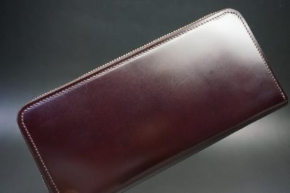 レーデルオガワ社製染料仕上げコードバンのバーガンディ色のラウンドファスナー長財布（シルバー色）-1-1