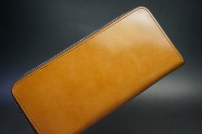 レーデルオガワ社製染料仕上げコードバンのキャメル色のラウンドファスナー長財布（ゴールド色）-1-1