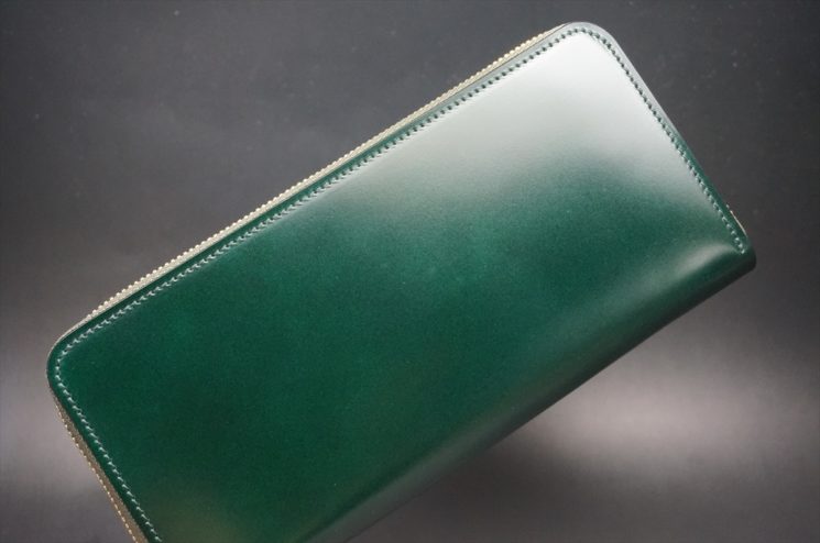 レーデルオガワ社製染料仕上げコードバンのグリーン色のラウンドファスナー長財布（ゴールド色）-1-1