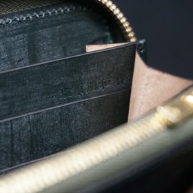 レーデルオガワ社製染料仕上げコードバンのグリーン色のラウンドファスナー長財布（ゴールド色）-1-11
