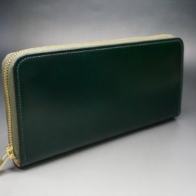 レーデルオガワ社製染料仕上げコードバンのグリーン色のラウンドファスナー長財布（ゴールド色）-1-2