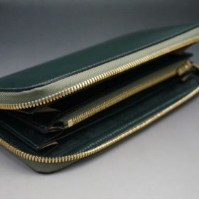 レーデルオガワ社製染料仕上げコードバンのグリーン色のラウンドファスナー長財布（ゴールド色）-1-5