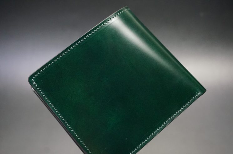 レーデルオガワ社製染料仕上げコードバンのグリーン色の二つ折り財布（シルバー色）-1-1