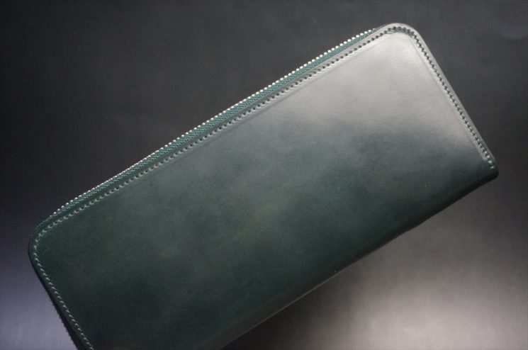 ホーウィン社製シェルコードバンのグリーン色のラウンドファスナー長財布（シルバー色）-1-1