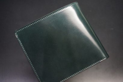 ホーウィン社製シェルコードバンのグリーン色の二つ折り財布（ゴールド色）-1-1