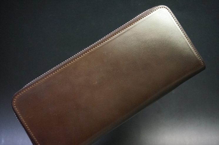 ホーウィン社製シェルコードバンのダークコニャック色のラウンドファスナー長財布（シルバー色）-1-1