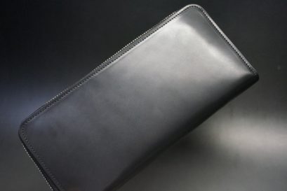 ロカド社製オイル仕上げコードバンのブラック色のラウンドファスナー長財布（シルバー色）-1-1