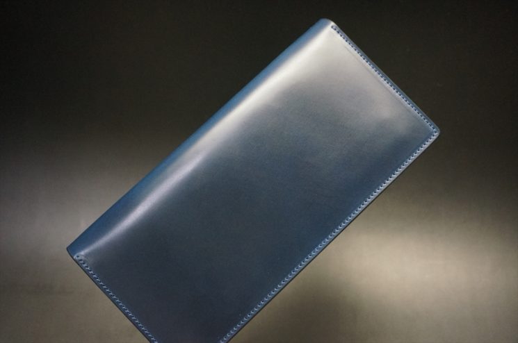ロカド社製オイル仕上げコードバンのネイビー色のスタンダード長財布（シルバー色）-1-1