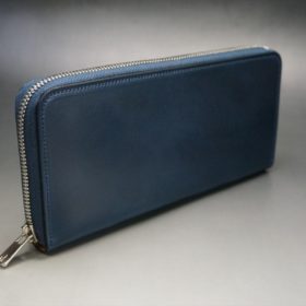 ロカド社製オイル仕上げコードバンのネイビー色のラウンドファスナー長財布（シルバー色）-1-1