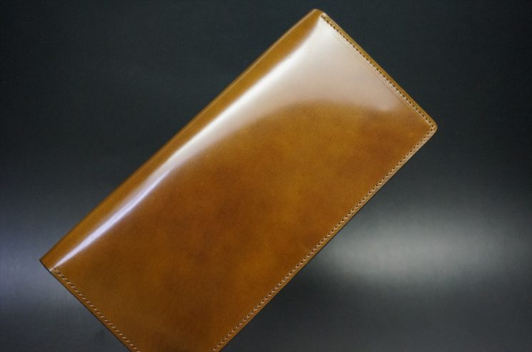 新喜皮革社製オイルコードバンのコーヒーブラウン色のスタンダード長財布（ゴールド色）-1-1