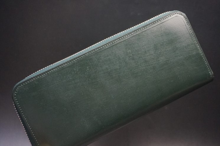 クレイトン社製ブライドルレザーのグリーン色のラウンドファスナー長財布（シルバー色）-1-1