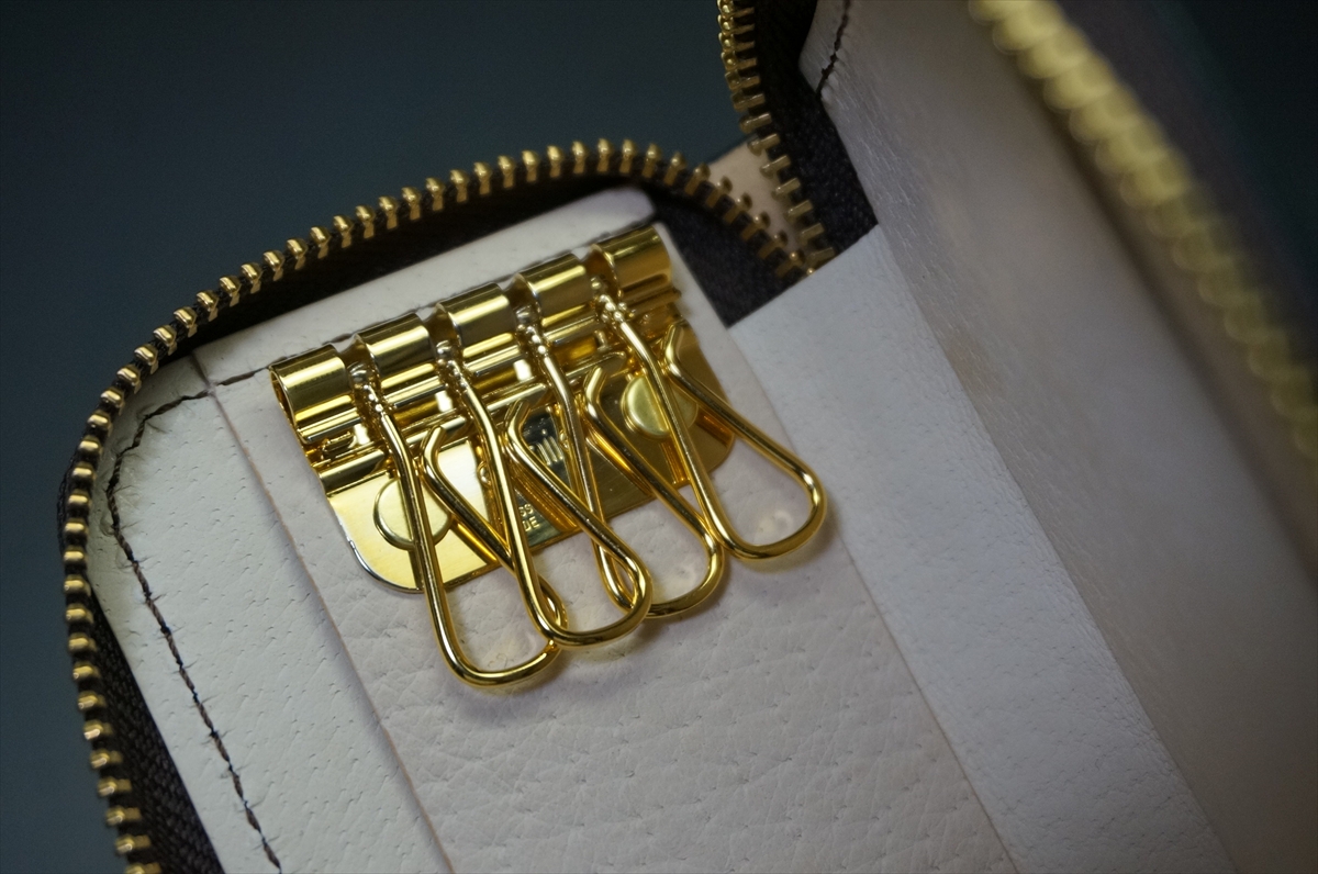 Close-up of gold-toned zipper hardware with five hooks inside a white leather case.